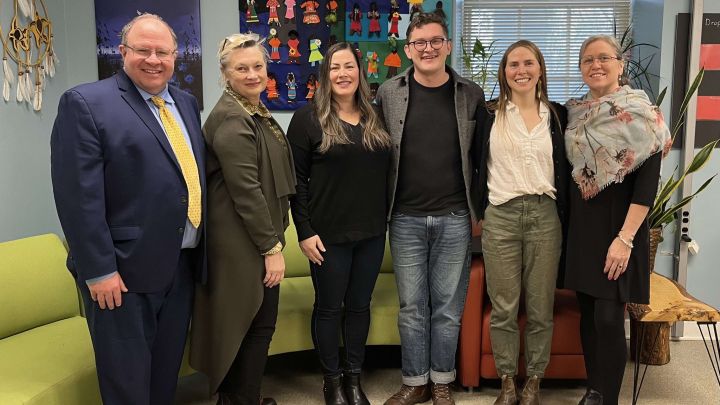 Photo left to right: Blair Crew, Executive Director, Queen's Law Clinics; Colleen M. Flood, Dean, Queen's Law; Constance Carrière-Prill, Director - Strategic Development KNCLN, JD Candidate, Queen's Law; Brandon Maracle, Executive Director, KNCLN; Lindsay Borrows, Assistant Professor (Indigenous Law), Queen's Law; Karla McGrath, Assistant Dean, JD Program, Queen's Law.